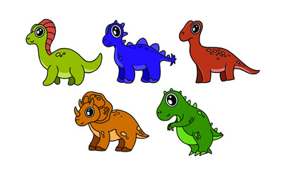 Set of cute dino illustrations in colorful style. Animated dinosaur collection for elements, printed projects, stationery, educational tools for kids, etc. Funny animal illustration in graphics.
