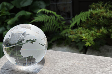 ガラスの地球儀と木々の緑　SDGs 環境保護のイメージ　glass globe and the green leaves