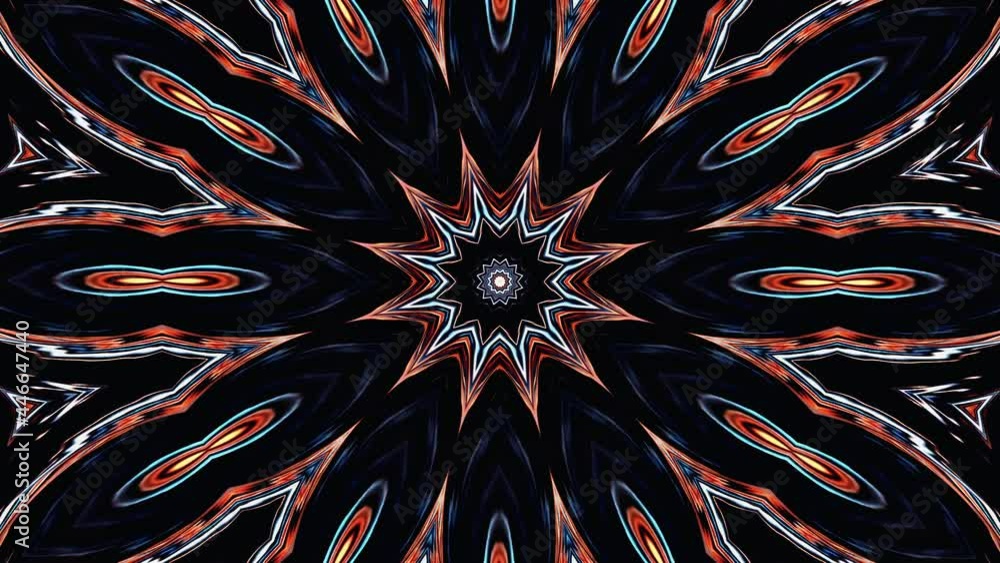 Poster abstract visual art multicolored star shape kaleidoscope sequence pattern. 4k seamless loop abstract