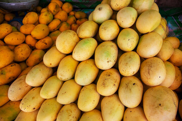 Juicy yellow mango pile on rustic market stall. Asian fruit market stall. Philippine mango season. Fresh fruit for sell. South Asia agriculture. Yellow mango stack