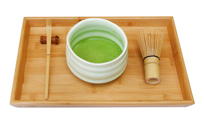 Japanese organic matcha latte green tea ceremony with bamboo whisk (chasen) and hooked bamboo scoop (chashaku) on bamboo tray isolated on white background