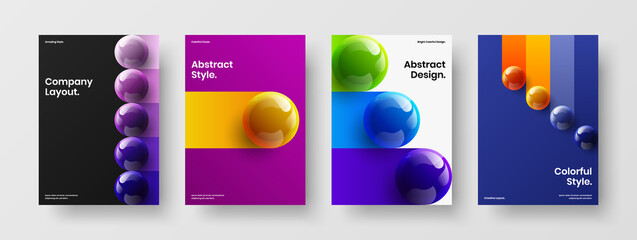 Fresh realistic balls journal cover layout collection. Vivid corporate brochure A4 design vector illustration set.