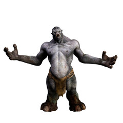 3D illustration of a fantasy mythical troll creature from Scandinavian folklore standing with arms spread wide isolated on a white background.