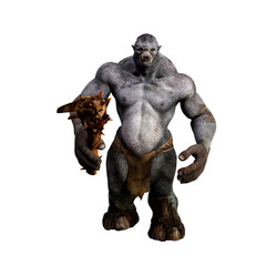 3D illustration of a fantasy mythical troll creature from Scandinavian folklore holding a large club weapon isolated on a white background.