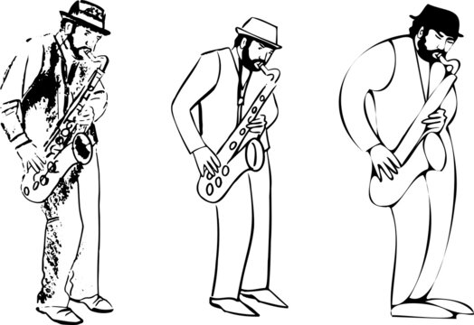 street musician playing saxophone, hand drawn vector illustration
