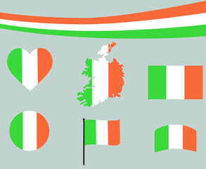 Ireland Flag Map Ribbon And Heart Icons Vector Illustration Abstract Design Elements collection