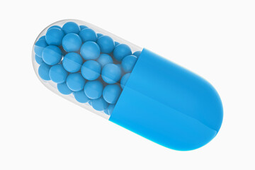 Large blue pill with medicine or vitamin on white background. 3D rendering illustration