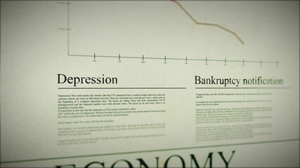 Flight over newspaper with financial crisis stock market crash news, depression, falling stock market prices, digital animation