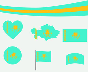 Kazakhstan Flag Map Ribbon And Heart Icons Vector Illustration Abstract Design Elements collection