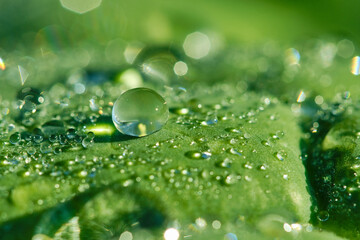 Green leaf with drops of water on a blurred natural background. Large beautiful drops of transparent rain water on a green leaves. Macro. Shallow depth of field