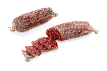 Small Italian salami  cut with slices, two sausages called cacciatorino isolated on white, copy space