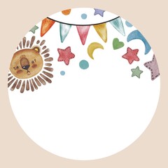 Hand drawing cute watercolor painting with children drawing balloon, moon, star, lion copy space card. Use for poster, print, card, baby shower, banner, scrapbooking, invitation, template, background