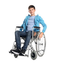 Fototapeta na wymiar Teenage boy in wheelchair on white background