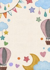 Hand drawing cute watercolor painting with children drawing balloon, moon, stars, cloud, flags. Use for poster, print, card, baby shower, banner, scrapbooking, invitation, template, background