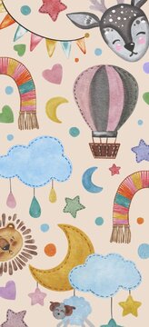 Hand drawing cute watercolor painting with children drawing balloon, moon, stars, cloud, flags pattern. Use for poster, print, card, baby shower, banner, scrapbooking, invitation, template, background