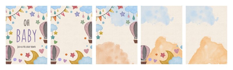 Hand drawing cute watercolor painting with children drawing balloon, stars, clouds, flags set. Use for poster, print, card, baby shower, banner, scrapbooking, invitation, template, background