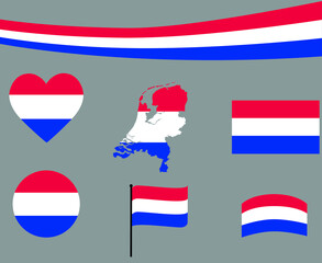 Netherlands Flag Map Ribbon And Heart Icons Vector Illustration Abstract Design Elements collection