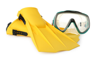 Pair of yellow flippers and mask on white background © New Africa