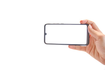 Hand holding blank white screen phone isolated on white background.