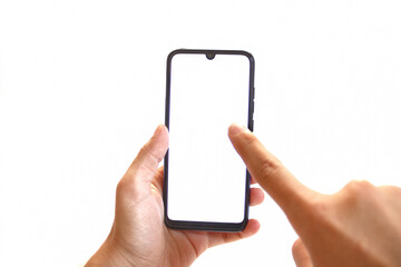 Hand holding blank white screen phone isolated on white background.