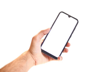 Hand holding blank white screen phone isolated on white background.