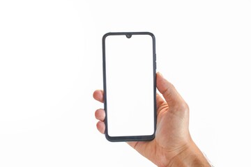 Hand holding blank white screen phone isolated on white background.