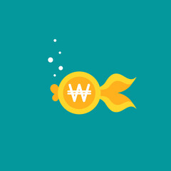Goldfish. Korean won coin as golden fish. Flat icon isolated on blue background.
