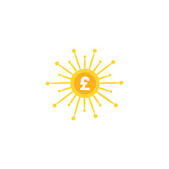 golden pound sterling coin with gold rays. Shining money sun. flat icon isolated on white.