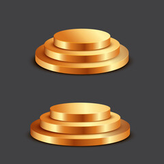 Gold round multi-angle pedestal empty isolated on gray background. Vector podium for product demonstration.