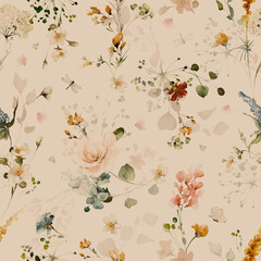 motif harmonieux d& 39 aquarelle avec jardin rose, fleurs jaunes, feuilles, branches. Illustration de carreaux botaniques, arrière-plan.
