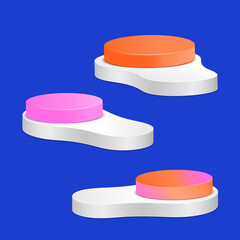 Ping, orange and white pedestal empty isolated on blue background. Vector podium for product demonstration.