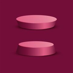 Pink metal round pedestal empty isolated on pink background. Vector podium for product demonstration.