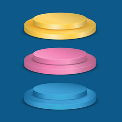 Yellow, pink and blue round pedestal empty isolated on blue background. Vector podium for product demonstration.