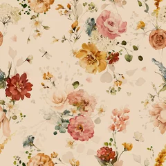 Papier peint Beige motif harmonieux d& 39 aquarelle avec jardin rose, fleurs jaunes, feuilles, branches. Illustration de carreaux botaniques, arrière-plan.