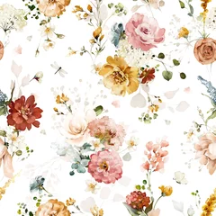 Fotobehang Wit naadloze aquarel patroon met tuin roze, gele bloemen, bladeren, takken. Botanische tegel illustratie, achtergrond.