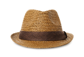 Stylish straw hat isolated on white. Fashionable accessory