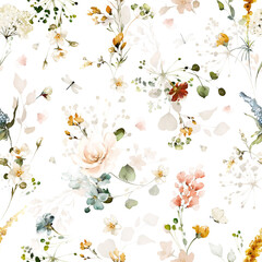 naadloze aquarel patroon met tuin roze, gele bloemen, bladeren, takken. Botanische tegel illustratie, achtergrond.
