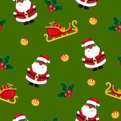Christmas seamless pattern black santa, sleigh, snowflakes, bell, holly leaves and berries. New year, holiday, winter.