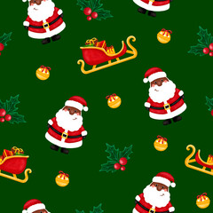 Christmas seamless pattern black santa, sleigh, snowflakes, bell, holly leaves and berries. New year, holiday, winter.