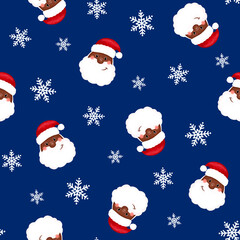 Christmas seamless pattern black santa, sleigh, snowflakes, bell, holly leaves and berries. New year, holiday, winter.