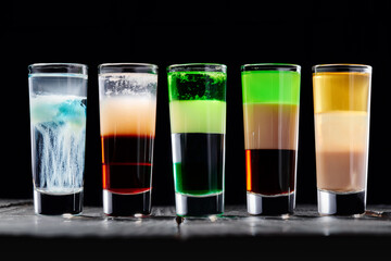 Colorful cocktails shots in the bar. Strong alcoholic drinks and tequila. High quality photo