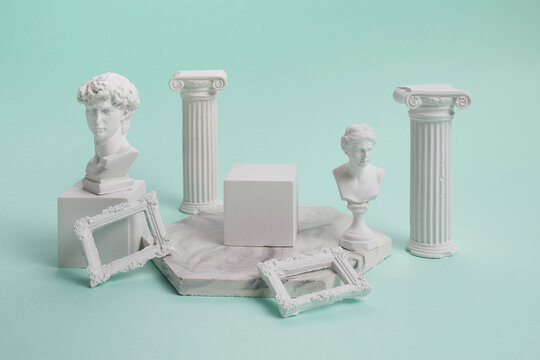 Cosmetic Product presentation background with antique statues.