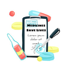 Vector flat illustration with a doctor s tablet, where sheet with medical documentation, prescription and written text, seals, and signature is attached. Background in form of enlarged medications.