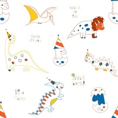 seamless contour pattern with dinosaurs with holiday hats for children, jewelry, fabrics, clothing, shoes, notebooks, textiles