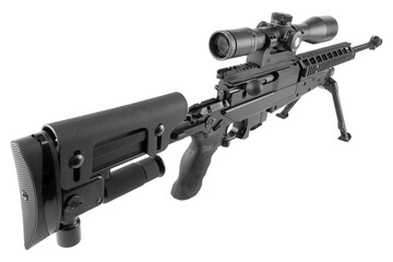 A modern, powerful sniper rifle with a telescopic sight, mounted on a bipod. weapon on white...