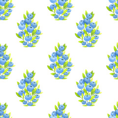 Summer bright pattern with green leaves and blue blueberries. Hand drawn watercolor illustration isolated on white background. Nice illustration for wrapping paper or textiles