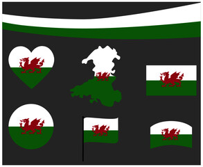 Wales Flag Map Ribbon And Heart Icons Vector Illustration Abstract Design Elements collection