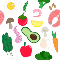 Colorful Keto food seamless pattern on white background