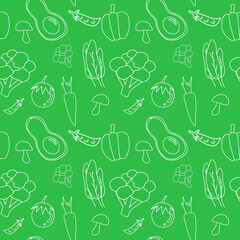 White line art of vegetables on green background