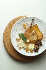 Dried pear with cheese and raisins. High quality photo